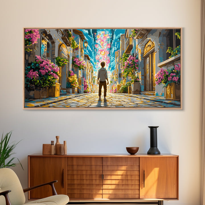 Vibrant Flowered Cobblestone Alley Wall Art, Fantasy Cityscape Canvas, Colorful Travel Poster, Living Room Wall Decor Print
