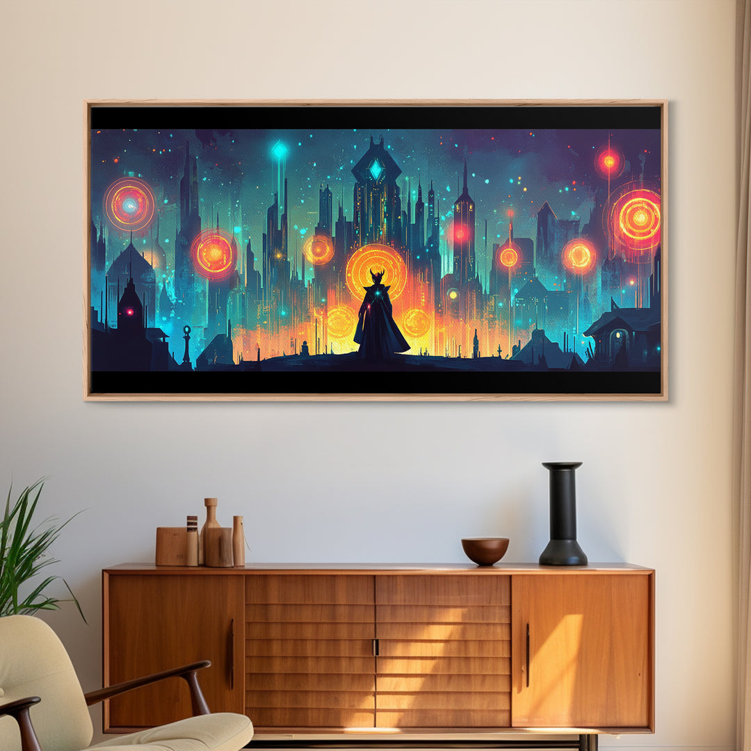 Cloaked Sorceress In Neon Skyline Wall Art, Cyberpunk Fantasy Canvas, Mystical Cityscape, Modern Sci Fi Gamer Room Decor Print