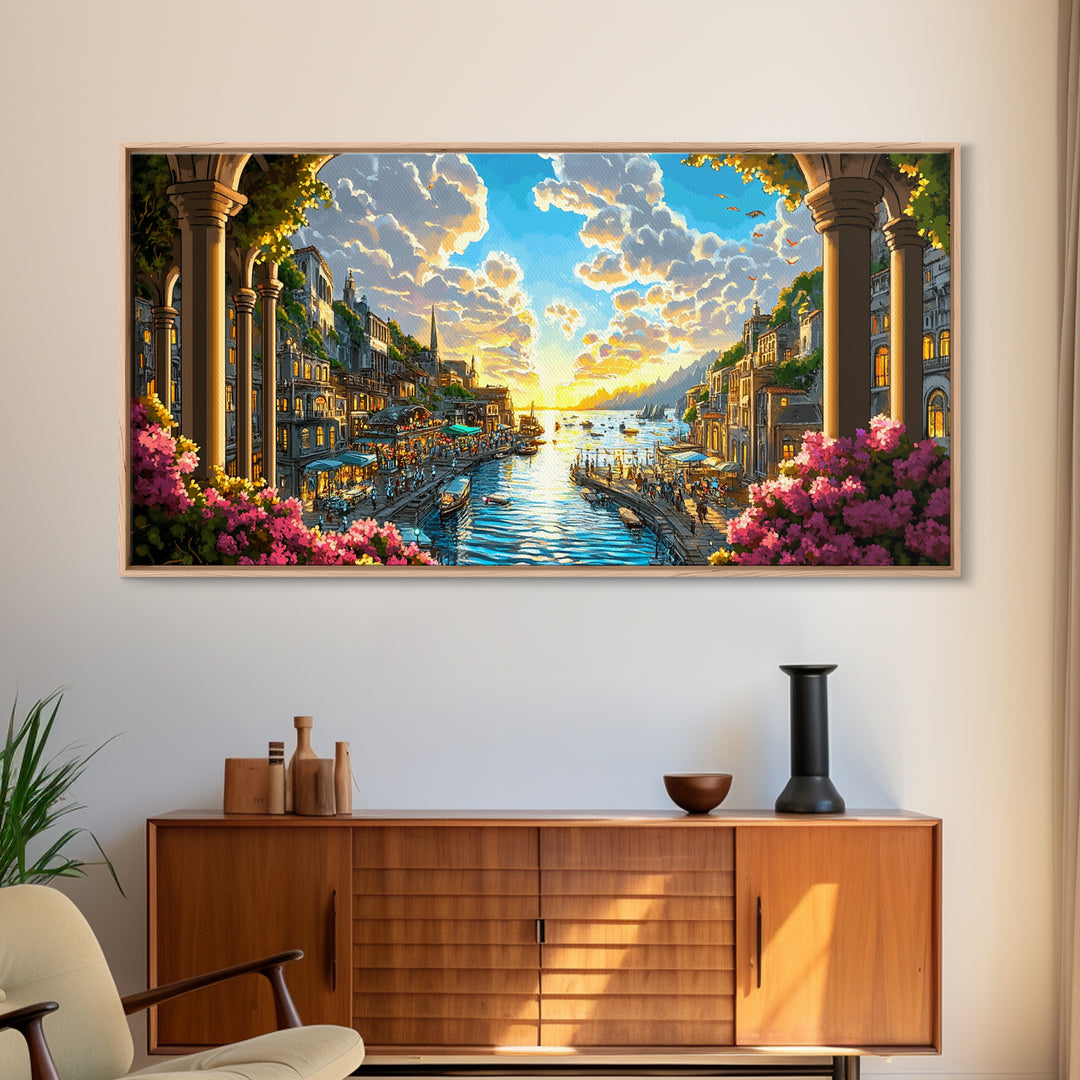 Sunlit Coastal Canal Harbor Wall Art, Mediterranean Cityscape Canvas, Seaside Landscape Print, Elegant Living Room Decor