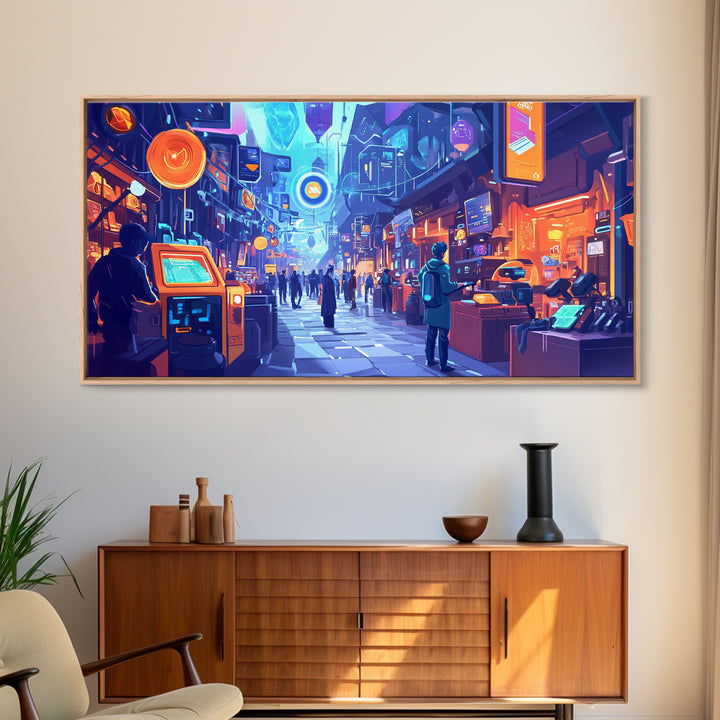 Neon Cyberpunk Market Arcade Wall Art, Futuristic City Canvas Print, Modern Gamer Room Decor, Sci Fi Urban Street Poster