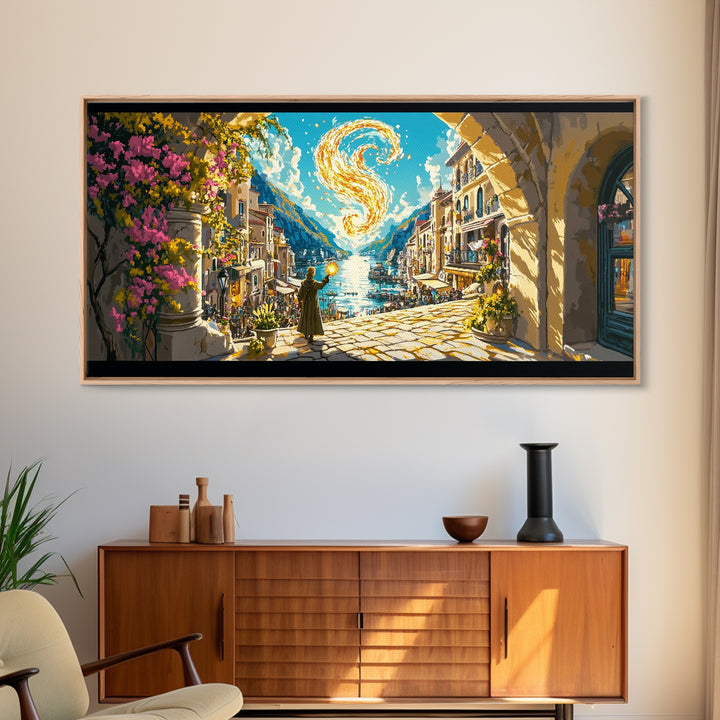 Golden Swirl Over Coastal Village Wall Art, Amalfi Inspired Canvas Print, Mediterranean Travel Poster, Magical Home Decor