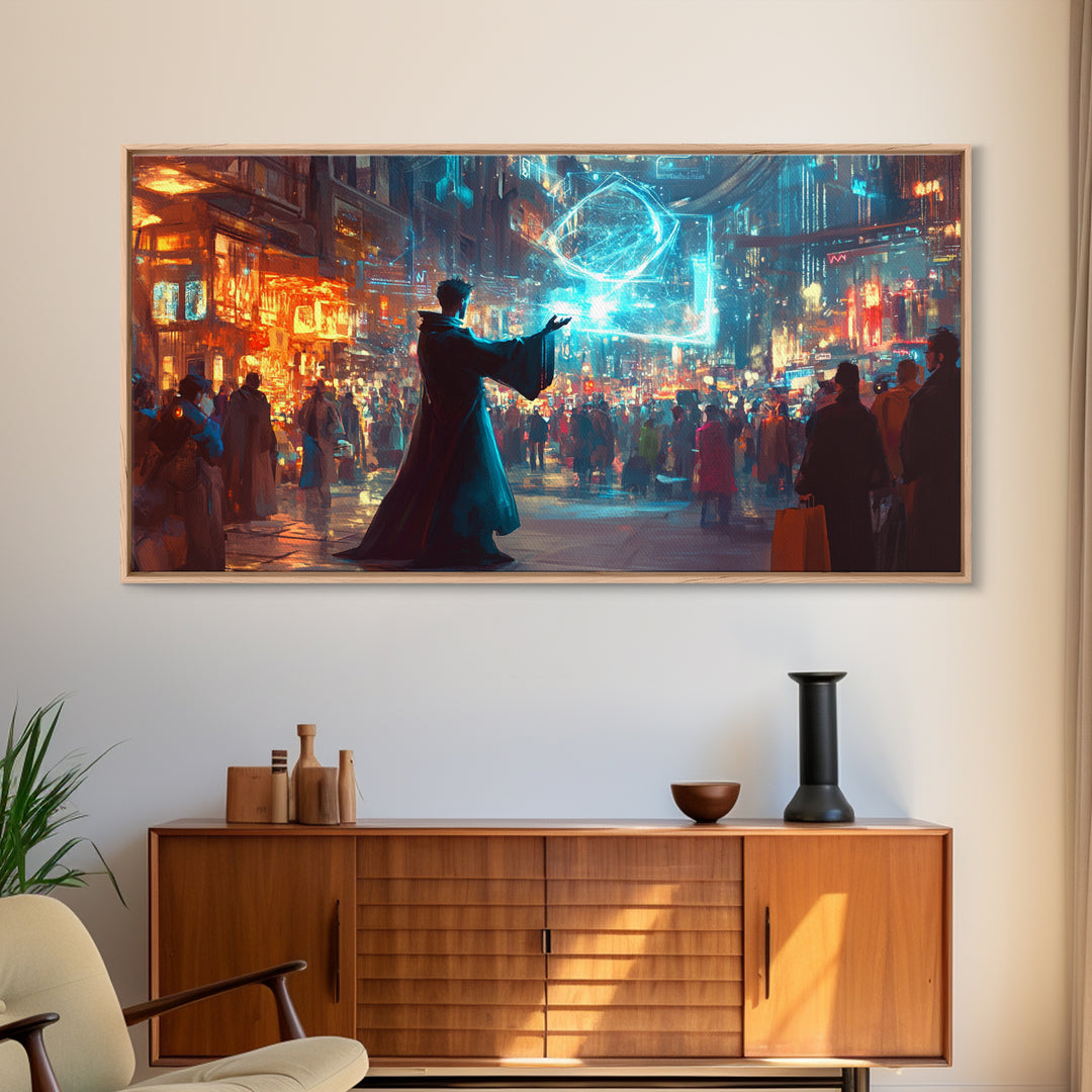 Wizard Casting Hologram In Neon City Wall Art, Cyberpunk Fantasy Canvas Print, Sci Fi Poster, Futuristic Modern Office Decor