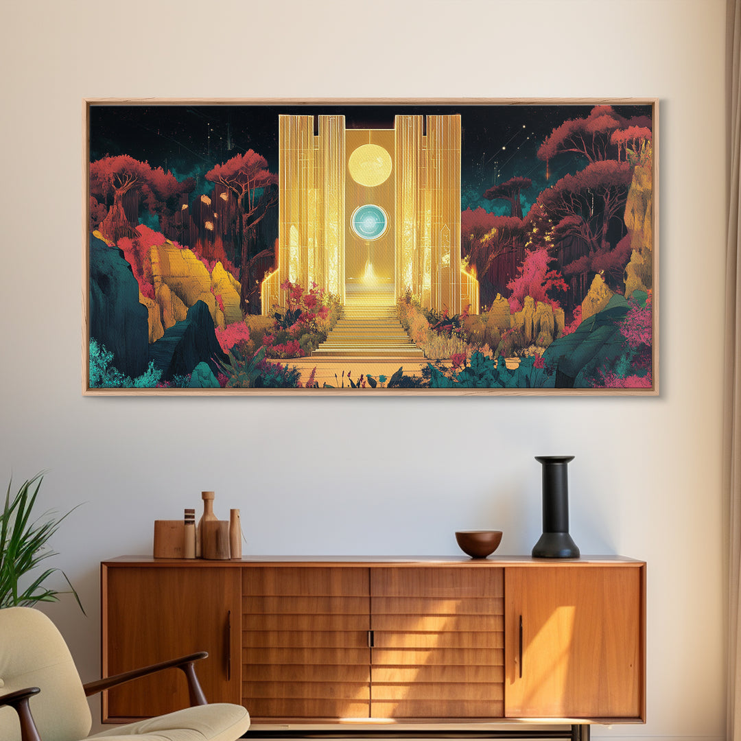 Golden Portal Temple In Alien Garden Wall Art, Celestial Fantasy Canvas Print, Mystical Landscape, Statement Art Home Decor