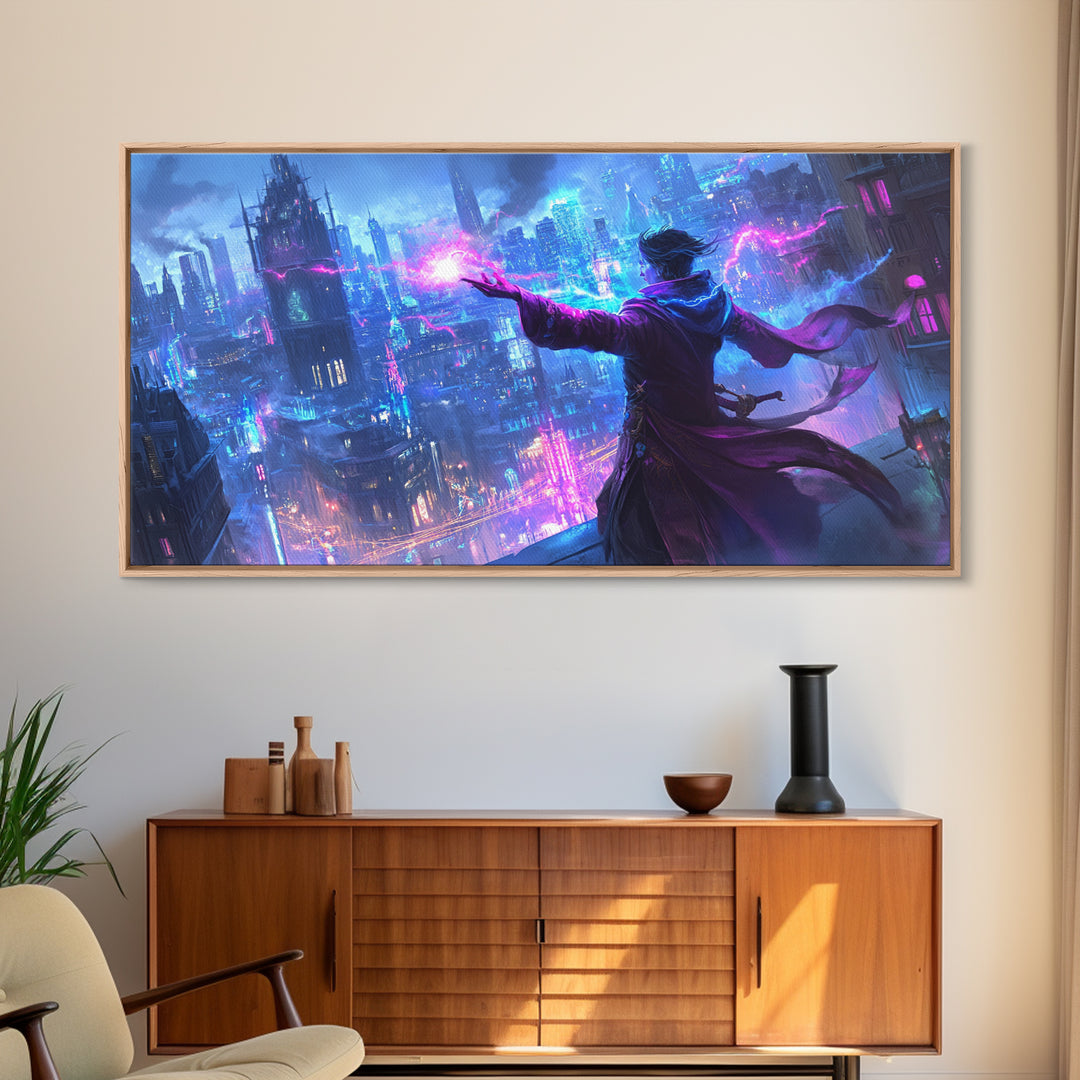 Mage Casting Neon Lightning Over City Wall Art, Cyberpunk Fantasy Canvas Print, Futuristic Skyline, Sci Fi Gamer Room Decor