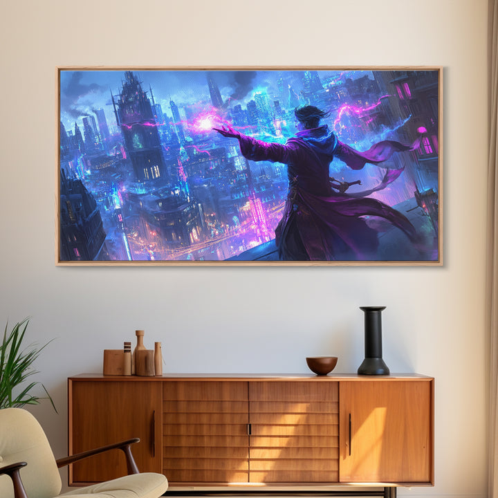 Mage Casting Neon Lightning Over City Wall Art, Cyberpunk Fantasy Canvas Print, Futuristic Skyline, Sci Fi Gamer Room Decor