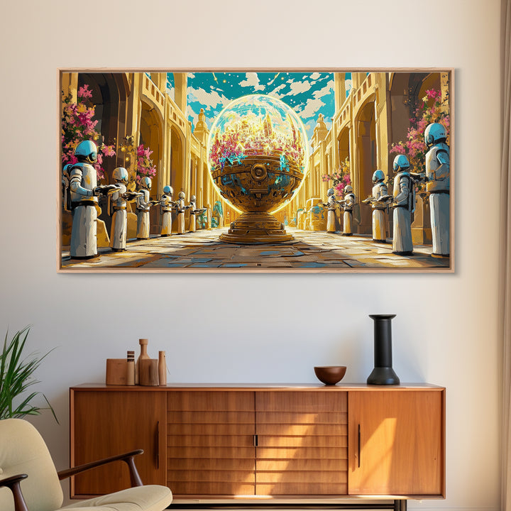 Golden Orb Palace With Futuristic Guards Wall Art, Sci Fi Fantasy Canvas Print, Maximalist Cityscape, Unique Art Home Decor