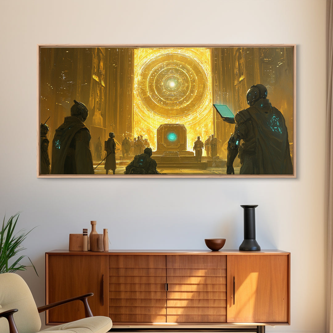 Radiant Cosmic Portal Hall With Astronauts Wall Art, Golden Sci Fi Canvas Print, Futuristic Temple, Celestial Statement Home Decor
