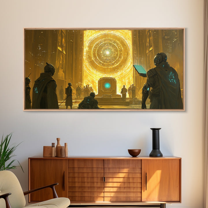 Radiant Cosmic Portal Hall With Astronauts Wall Art, Golden Sci Fi Canvas Print, Futuristic Temple, Celestial Statement Home Decor