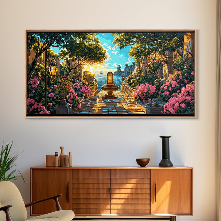 Sunlit Mediterranean Garden Fountain Canvas Print, Coastal Wall Art, Fantasy Landscape Art, Living Room Decor, Housewarming Gift
