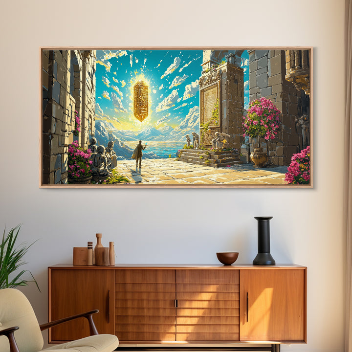 Ancient Seaside Temple Portal Framed Canvas Print, Fantasy Wall Art, Mountain Landscape Art, Living Room Decor, Unique Gift