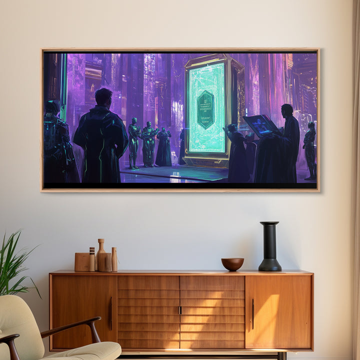 Purple Futuristic Monolith Ceremony Canvas Print, Cyberpunk Wall Art, Sci Fi Decor, Modern Office Art, Statement Artwork Gift