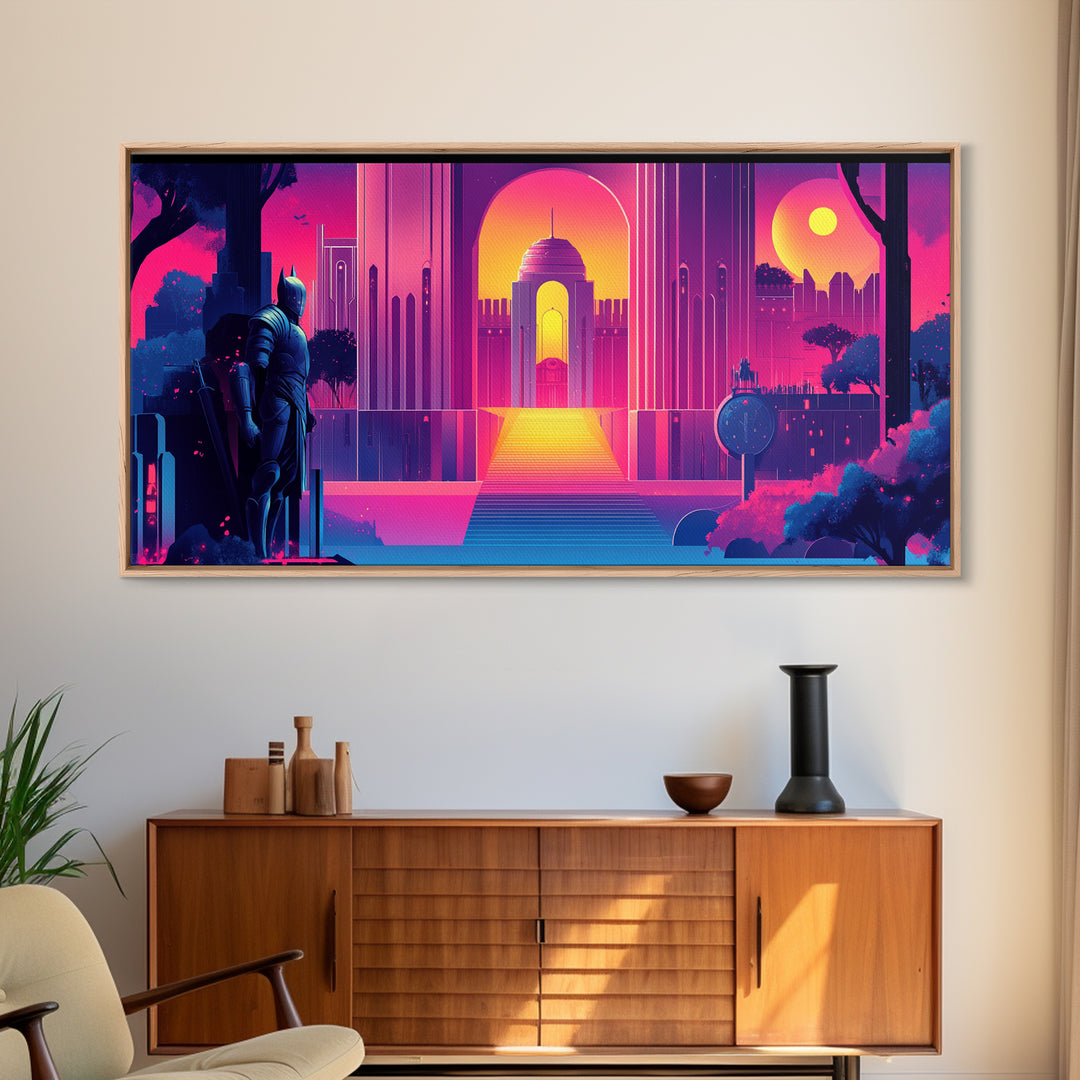 Neon Magenta Palace Guardian Canvas Print, Retro Futuristic Wall Art, Cyberpunk Decor, Gaming Room Art, Modern Gift For Him