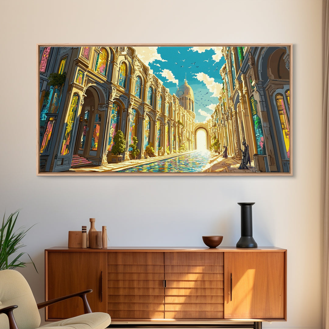 Ornate Sunlit Palace Canal Framed Canvas Print, European Wall Art, Fantasy Architecture Art, Living Room Decor, Large Wall Art