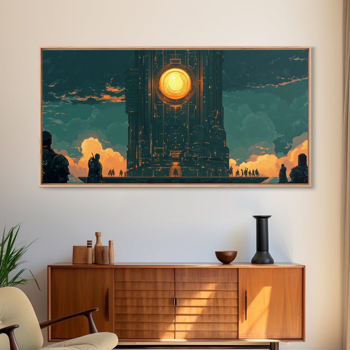 Dark Monolithic Sun Portal Framed Canvas Print, Sci Fi Wall Art, Futuristic Decor, Moody Office Art, Masculine Wall Decor