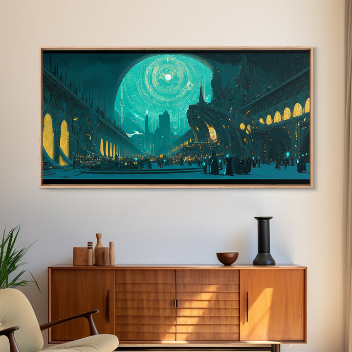 Teal Gothic Moonlit City Canvas Print, Sci Fi Wall Art, Celestial Decor, Futuristic Living Room Decor, Statement Artwork Gift