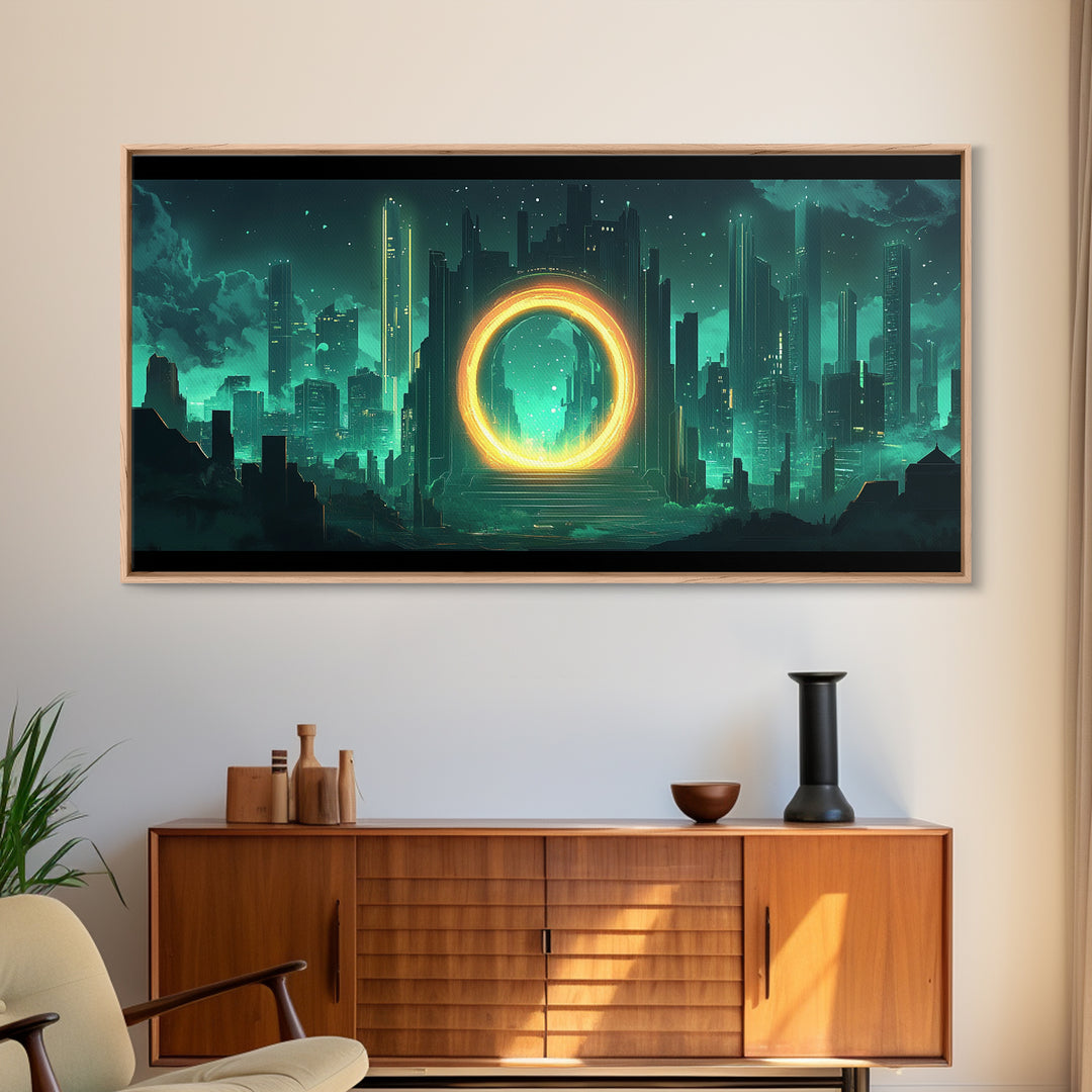 Emerald Futuristic City Ring Portal Canvas Print, Sci Fi Wall Art, Cyberpunk Decor, Modern Office Decor, Statement Gift For Him