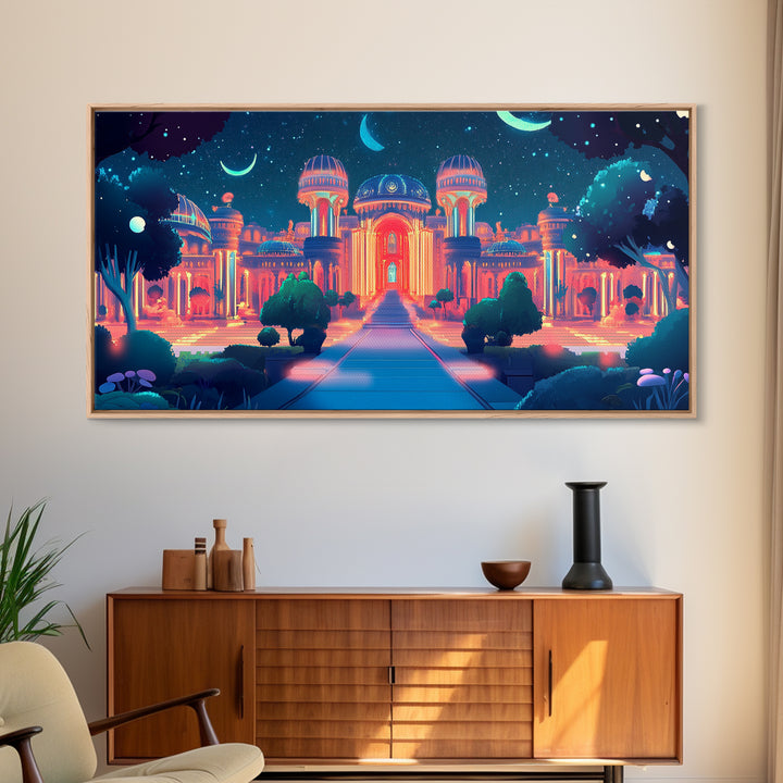Neon Celestial Palace Under Crescent Moons Wall Art, Fantasy City Canvas Print, Maximalist Decor, Bedroom Wall Decor Gift