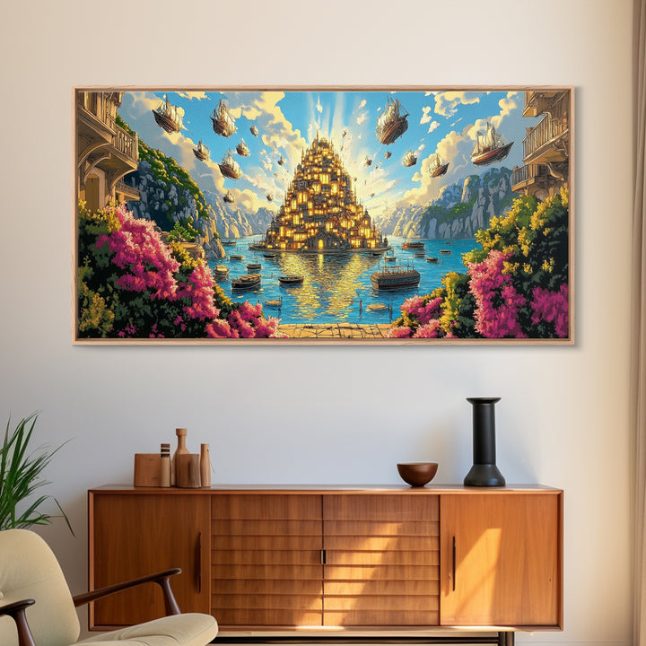 Golden Floating Island City Over Turquoise Sea Wall Art, Fantasy Landscape Canvas Print, Coastal Decor, Travel Poster Gift