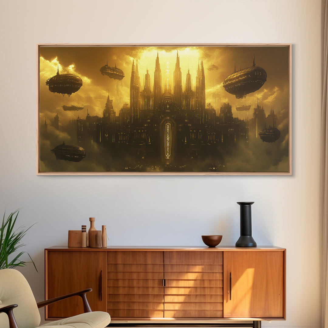 Dark Golden Sky Cathedral With Airships Wall Art, Gothic Fantasy Canvas Print, Moody Office Decor, Steampunk Home Decor Gift