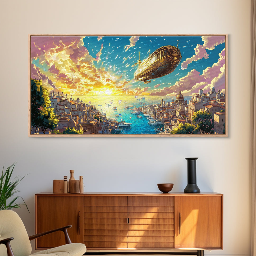 Sunset Harbor City With Golden Airship Wall Art, Mediterranean Canvas Print, Travel Poster, Coastal Living Room Decor Gift