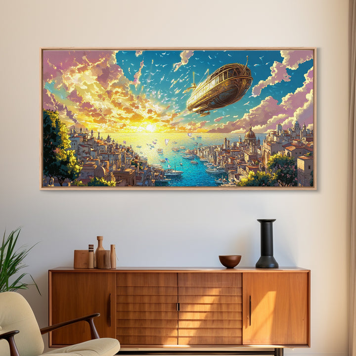 Sunset Harbor City With Golden Airship Wall Art, Mediterranean Canvas Print, Travel Poster, Coastal Living Room Decor Gift