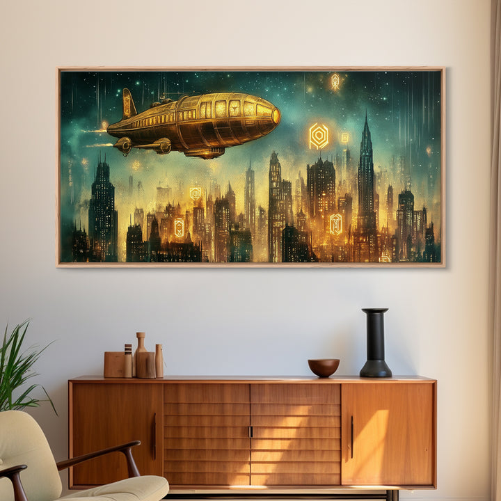 Golden Retro Airship Above Futuristic City Wall Art, Sci Fi Canvas Print, Cyberpunk Decor, Modern Office Wall Art Gift For Him