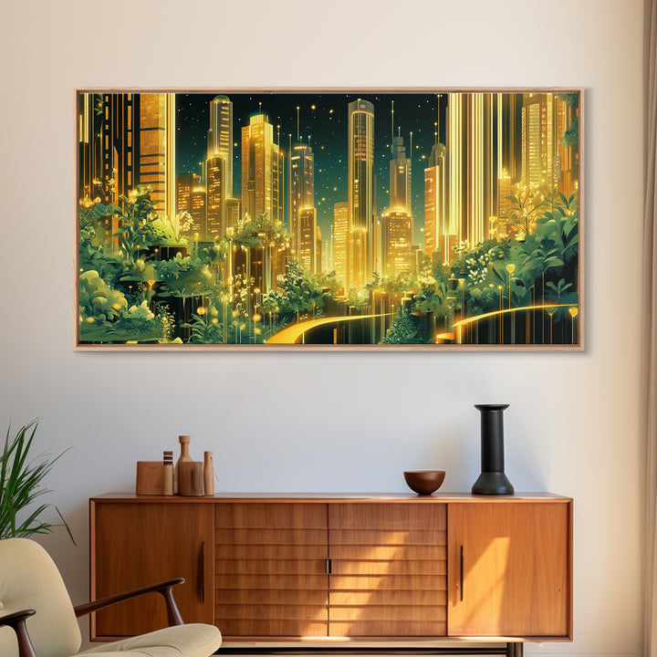 Luminous Garden Skyline In Golden Futuristic City Wall Art, Modern Canvas Print, Green Wall Decor, Home Office Decor Gift