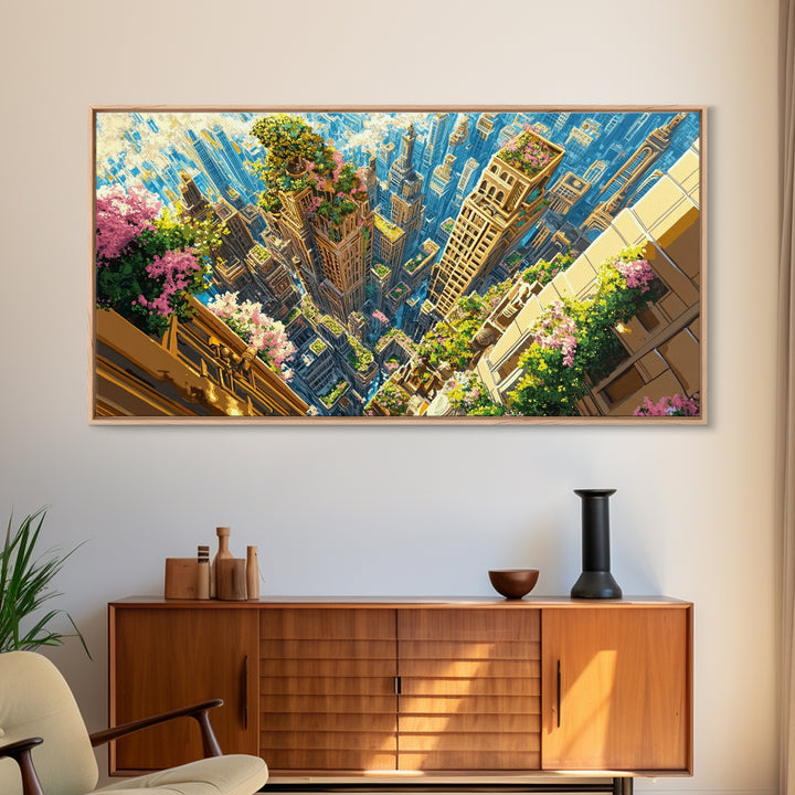 Aerial Skyscraper Gardens And Flowered Balconies Wall Art, Modern City Canvas Print, Urban Home Decor, Large Wall Art Gift