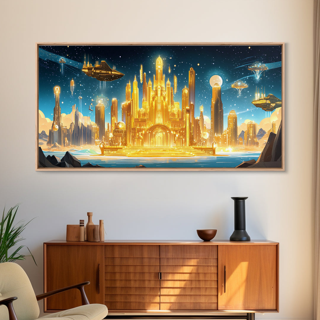 Radiant Golden Sci Fi Citadel Beneath Moonlit Sky Wall Art, Futuristic Canvas Print, Space Decor, Statement Wall Art Gift