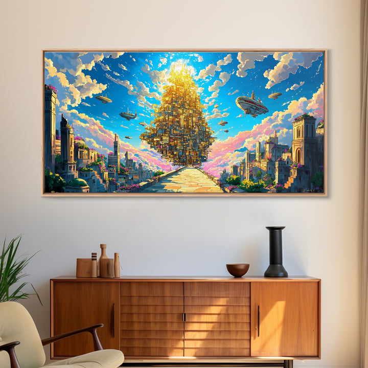 Floating Golden Pyramid City Above Ancient Ruins Wall Art, Fantasy Canvas Print, Surreal Landscape Art, Large Wall Decor