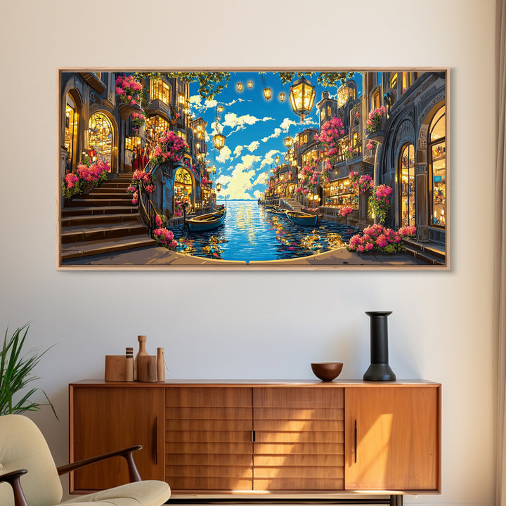 Flower Lined Canal Street With Lanterns Wall Art, Mediterranean Canvas Print, Coastal City Decor, Living Room Wall Art Gift