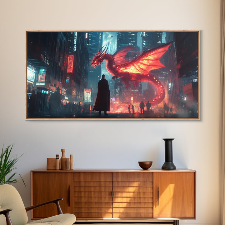 Neon Cyberpunk Dragon City Wall Art, Futuristic Sci Fi Fantasy Poster, Gaming Room Decor, Dystopian Urban Canvas Print Gift
