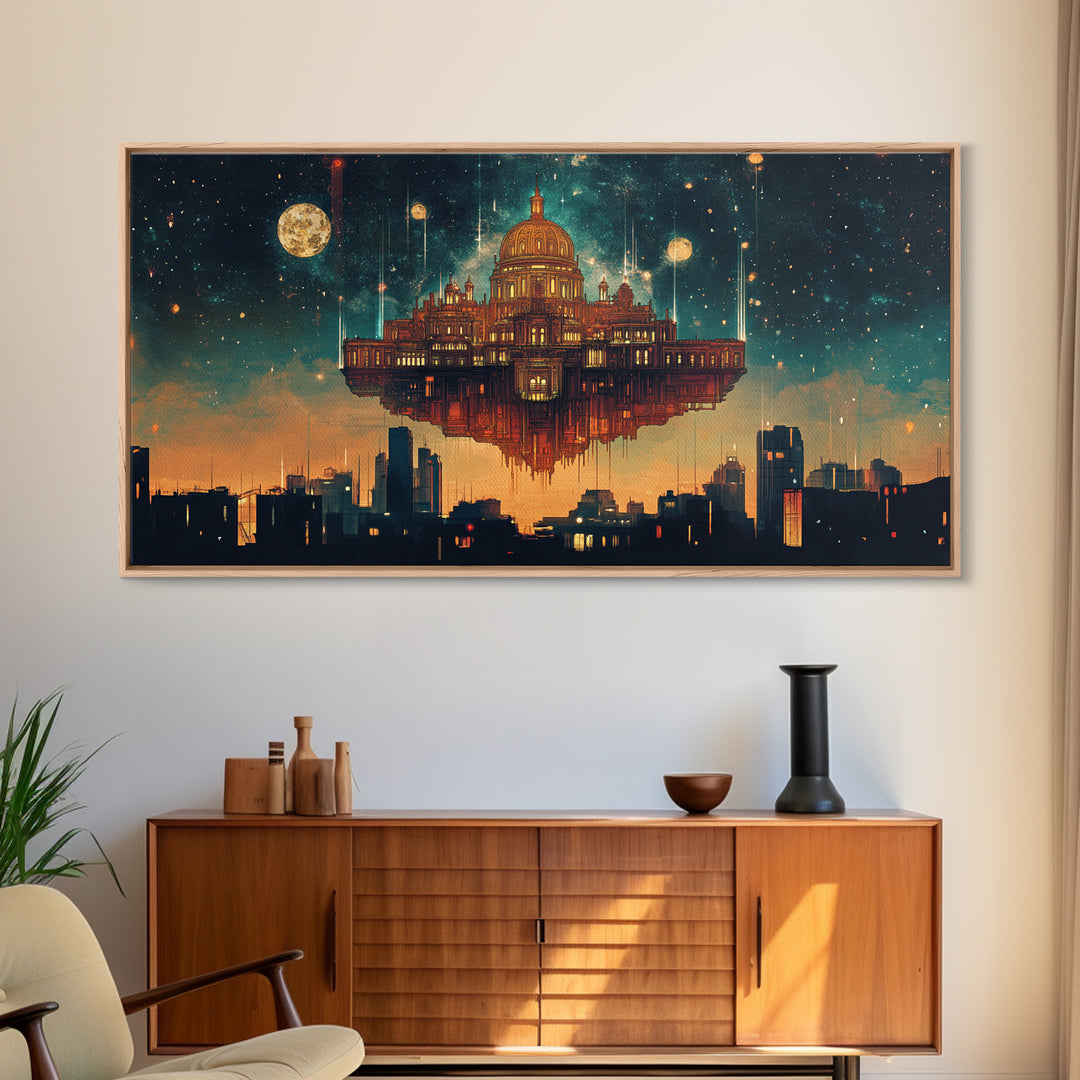 Floating Celestial Palace Wall Art, Starry Futuristic Cityscape, Surreal Architecture Framed Canvas Print, Office Decor Gift