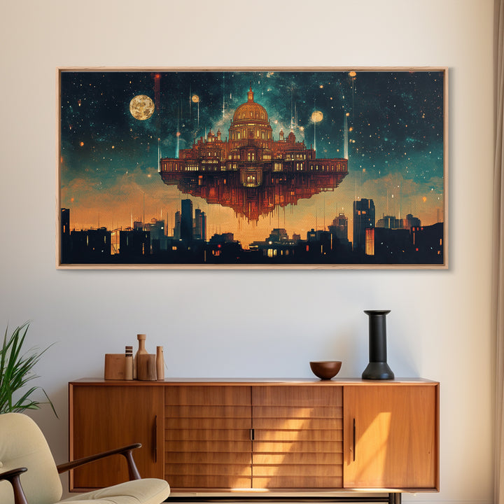 Floating Celestial Palace Wall Art, Starry Futuristic Cityscape, Surreal Architecture Framed Canvas Print, Office Decor Gift