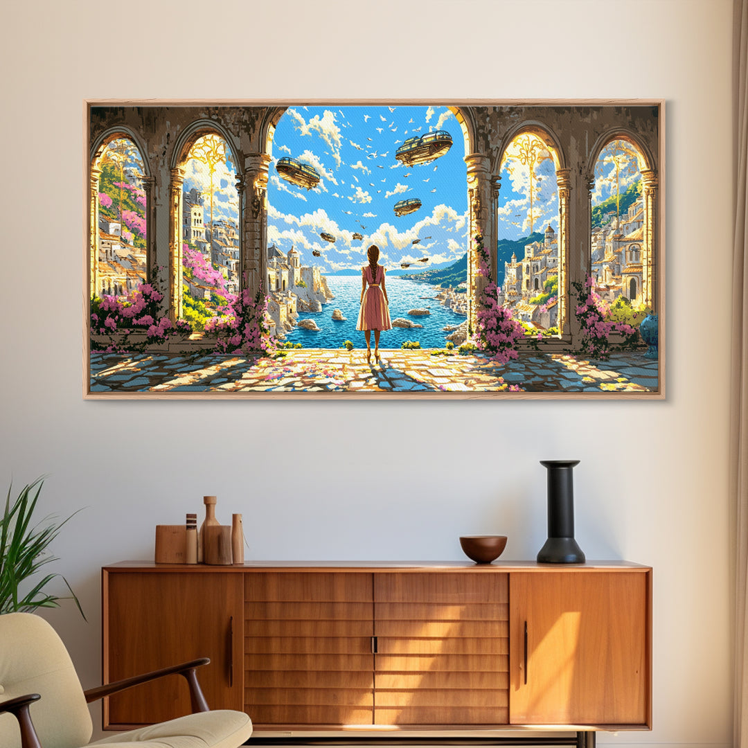 Arched Seaside Portal With Airships Framed Canvas Print, Fantasy Coastal Wall Art, Dreamy Travel Home Decor, Gift For Her