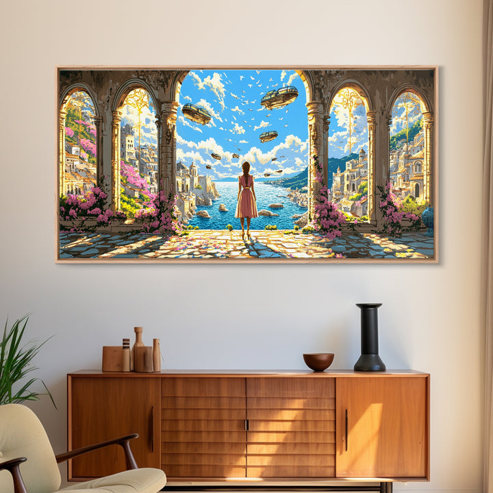 Arched Seaside Portal With Airships Framed Canvas Print, Fantasy Coastal Wall Art, Dreamy Travel Home Decor, Gift For Her