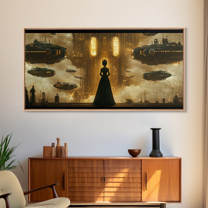 Elegant Woman And Golden Airships Wall Art, Steampunk Fantasy Framed Canvas Print, Dark Academia Decor, Sci Fi Gift For Him