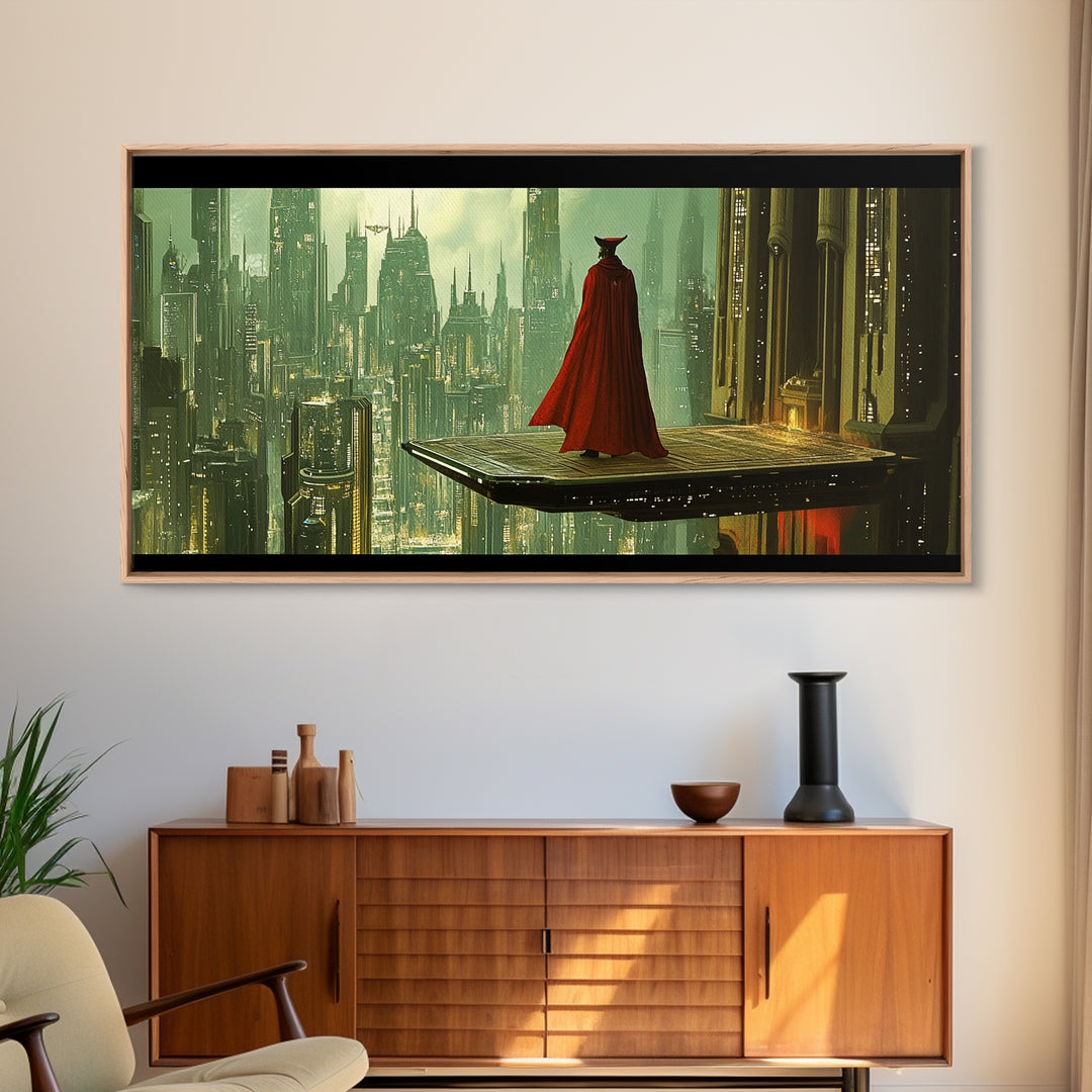 Red Cloaked Figure Above Futuristic City Wall Art, Sci Fi Fantasy Canvas Print, Dystopian Skyline, Modern Office Decor Gift