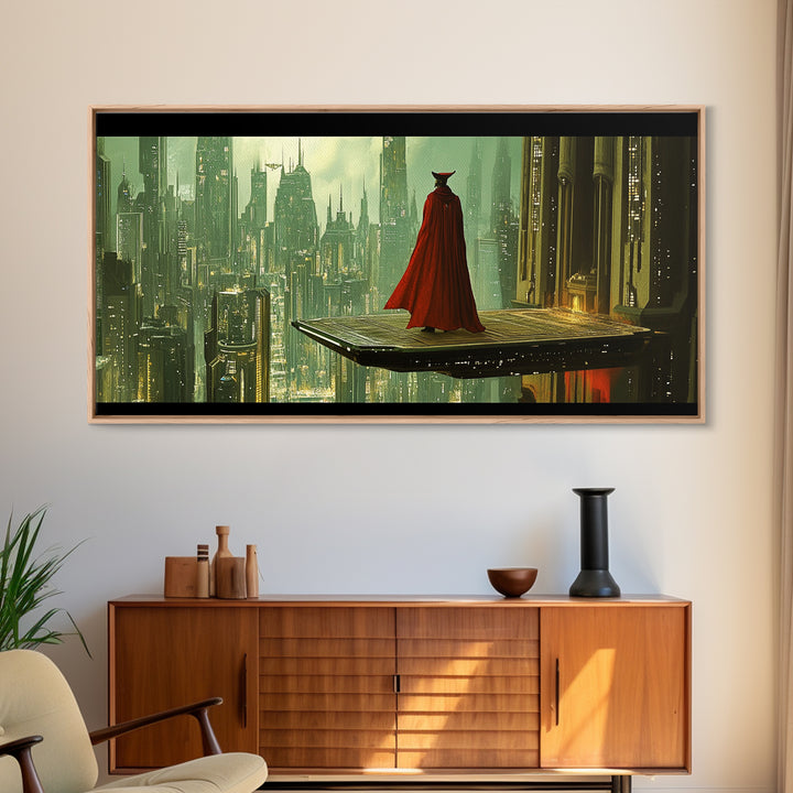 Red Cloaked Figure Above Futuristic City Wall Art, Sci Fi Fantasy Canvas Print, Dystopian Skyline, Modern Office Decor Gift