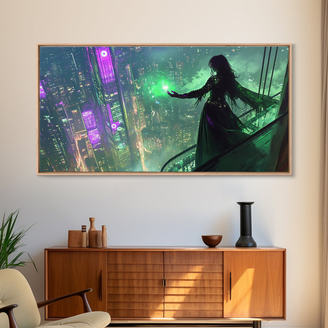 Neon Sorceress Over Cyberpunk Skyline Canvas Print, Futuristic Wall Art, Sci Fi Fantasy Decor, Unique Gaming Room Gift For Her