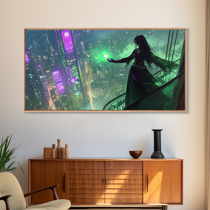 Neon Sorceress Over Cyberpunk Skyline Canvas Print, Futuristic Wall Art, Sci Fi Fantasy Decor, Unique Gaming Room Gift For Her