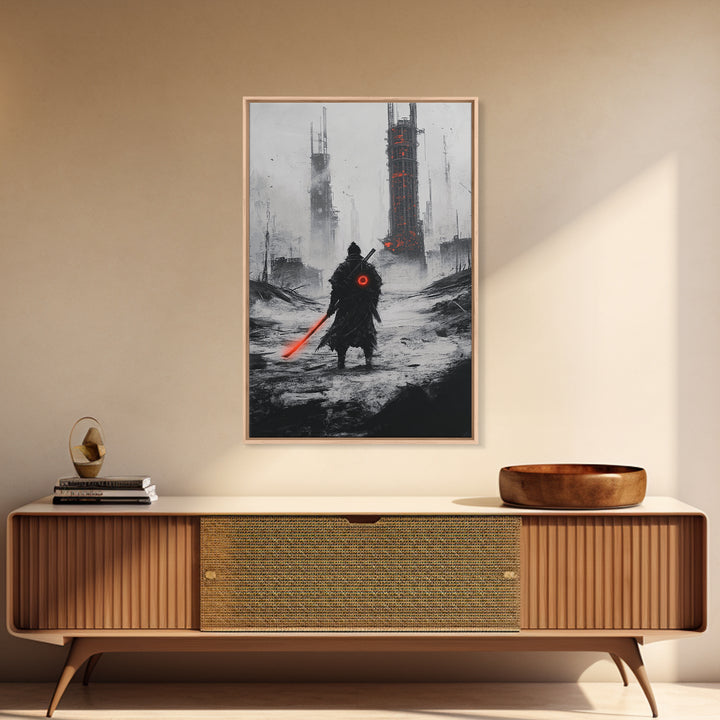 Dark Cyberpunk Warrior In Snowy Dystopian City Wall Art, Sci Fi Fantasy Poster, Futuristic Office Decor, Gamer Room Gift For Him