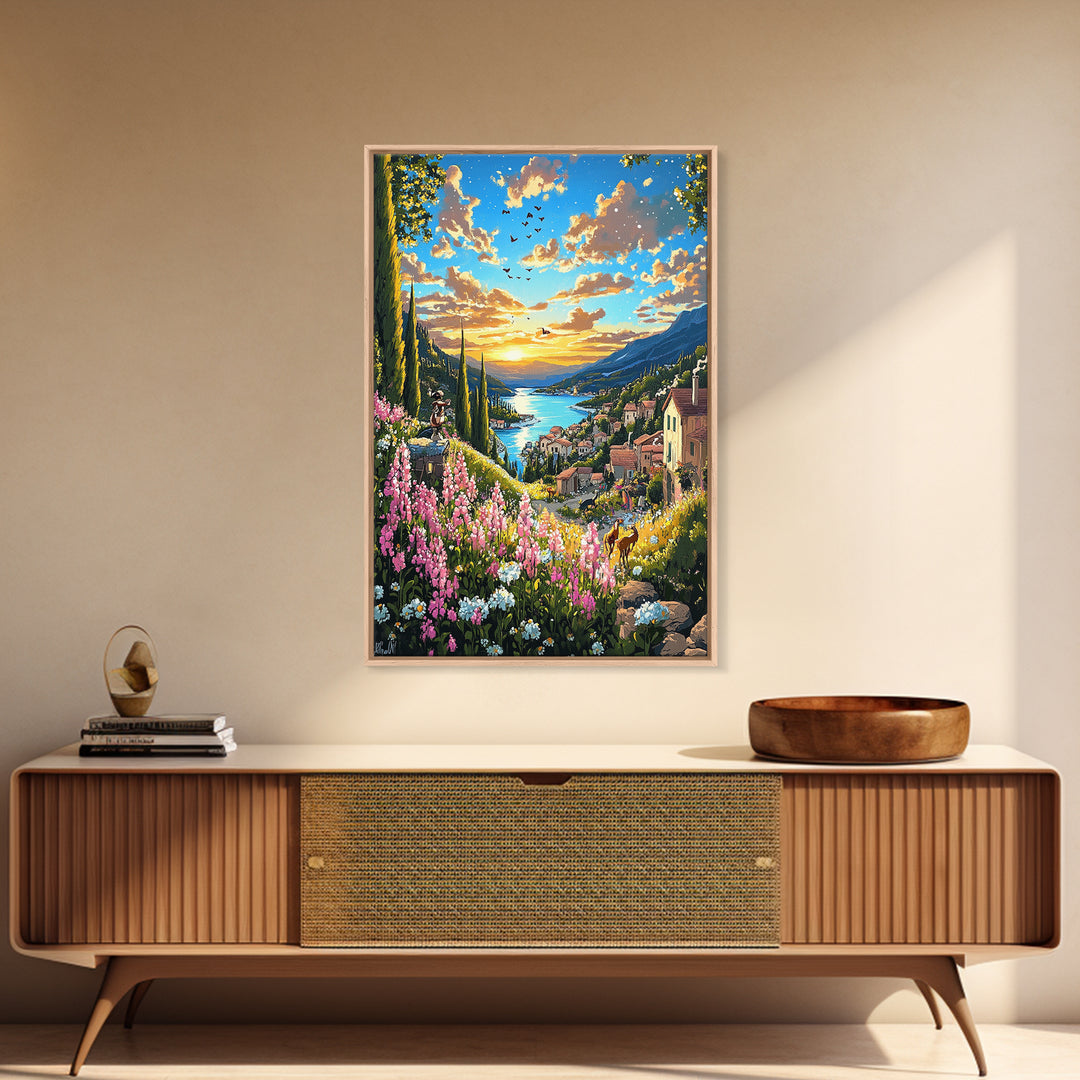 Sunset Lake Como Village With Wildflowers Canvas Print, Italian Landscape Wall Art, Mediterranean Travel Home Decor Gift For Her