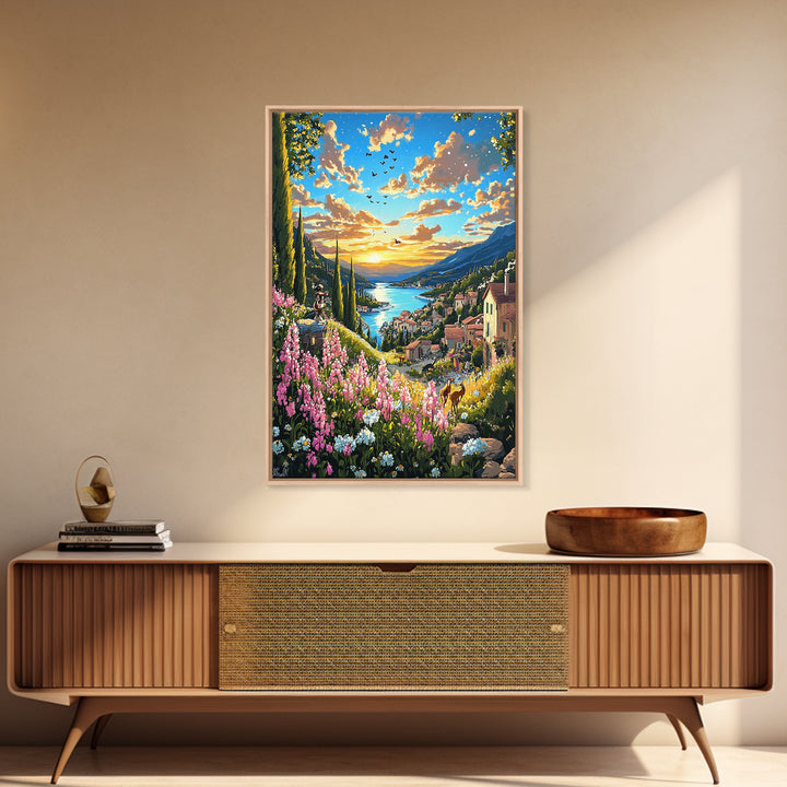 Sunset Lake Como Village With Wildflowers Canvas Print, Italian Landscape Wall Art, Mediterranean Travel Home Decor Gift For Her