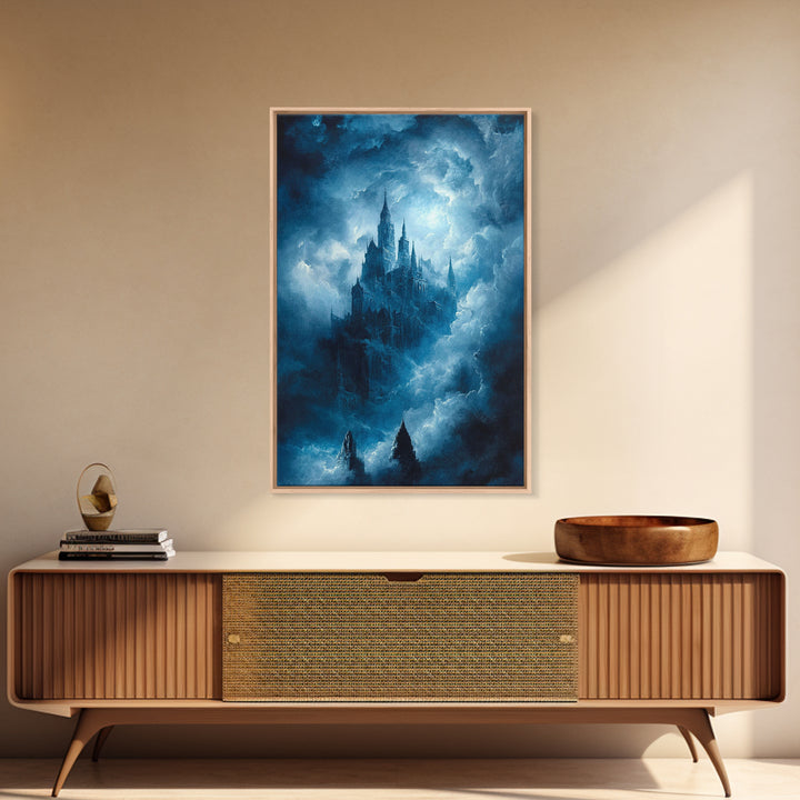Blue Gothic Castle In Storm Clouds Framed Canvas Print, Dark Fantasy Wall Art, Moody Castle Poster For Bedroom Decor Gift