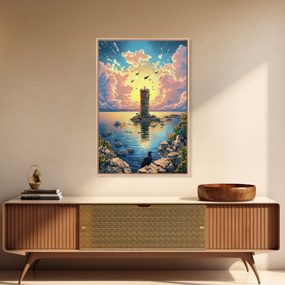 Sunset Lighthouse On Calm Sea With Raven Wall Art, Coastal Fantasy Canvas Print, Ocean Landscape Poster Home Decor Gift For Her