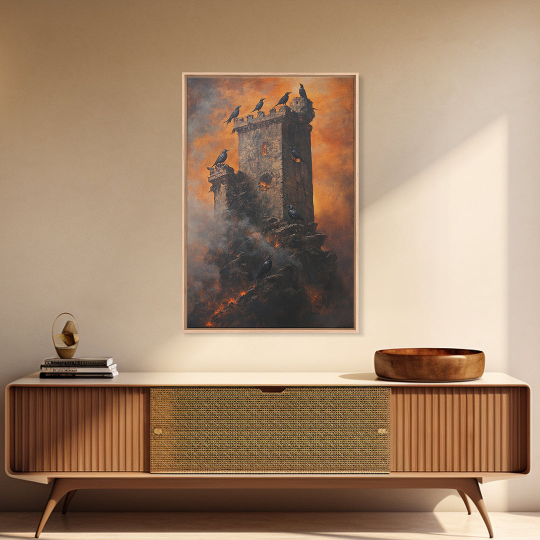 Burning Stone Tower With Black Ravens Framed Canvas Print, Gothic Dark Fantasy Wall Art, Moody Raven Castle Decor Gift For Him