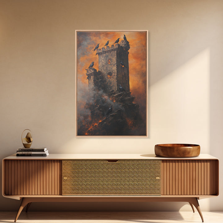 Burning Stone Tower With Black Ravens Framed Canvas Print, Gothic Dark Fantasy Wall Art, Moody Raven Castle Decor Gift For Him