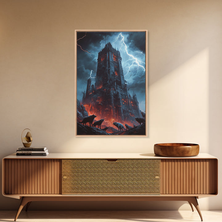 Fiery Gothic Fortress With Lightning And Wolves Wall Art, Dark Fantasy Framed Canvas Print, Horror Castle Decor Gift For Him