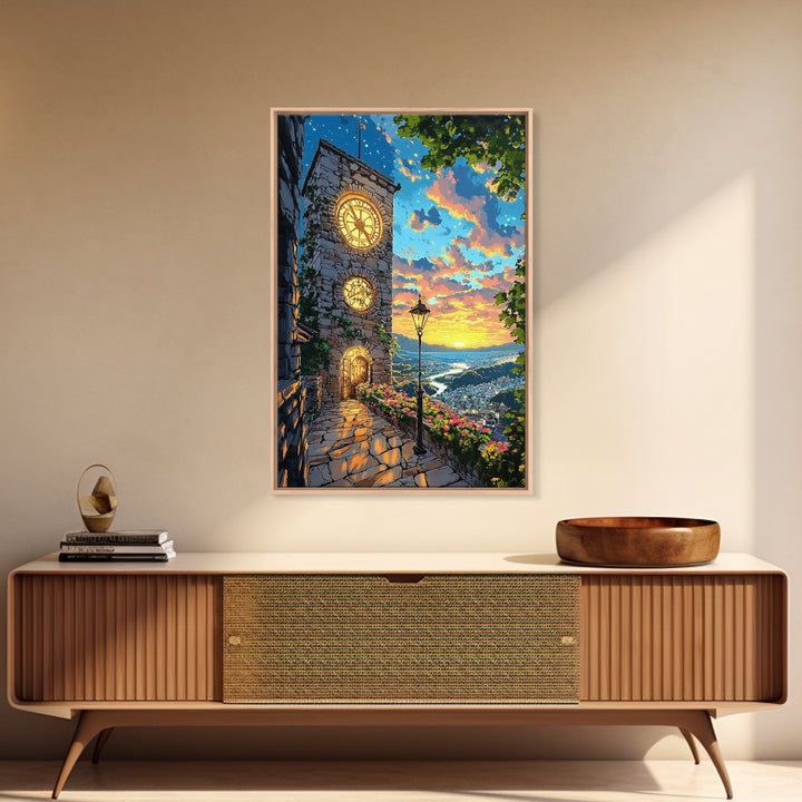 Glowing Clock Tower Over Coastal Village Canvas Print, Mediterranean Landscape Wall Art, Italy Travel Poster Home Decor Gift